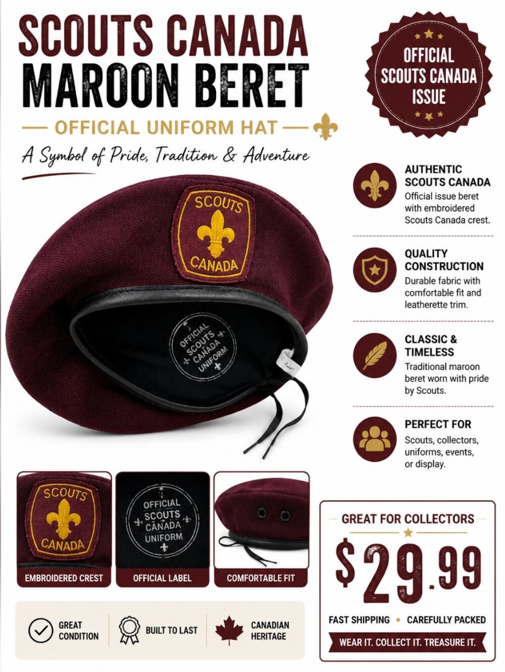 Vintage Scouts Canada Maroon Beret Hat Size Small Boy Scout Uniform Cap Badge